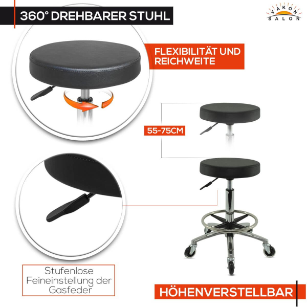 Rollhocker auf Gummirollen mit Fußring höhenverstellbar - Drehhocker, Rollhocker, Arbeitshocker