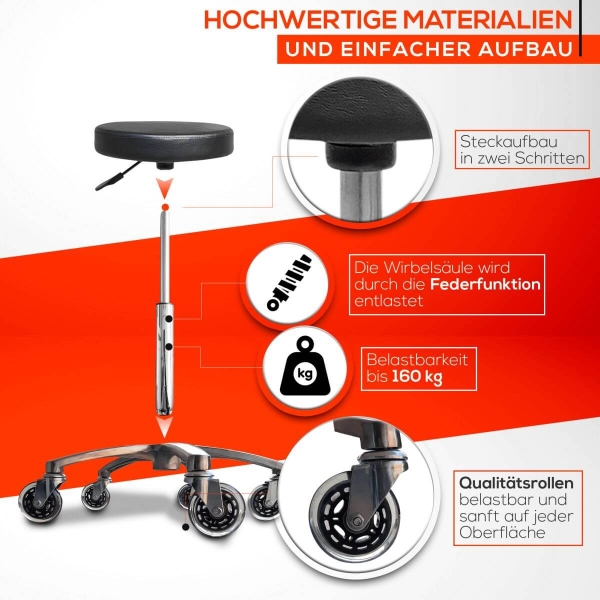 Rollhocker auf Gummirollen mit Fußring höhenverstellbar - Drehhocker, Rollhocker, Arbeitshocker