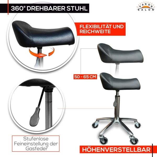 Breitsitz Arbeitshocker auf Gummirollen höhenverstellbar - Drehhocker, Rollhocker, Praxishocker