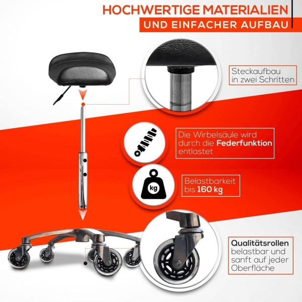 Breitsitz Arbeitshocker auf Gummirollen höhenverstellbar - Drehhocker, Rollhocker, Bürohocker