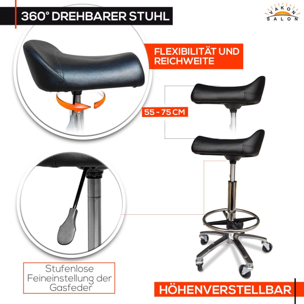 Breitsitz Arbeitshocker auf Gummirollen mit Fußring höhenverstellbar - Rollhocker, Praxishocker, Bürohocker