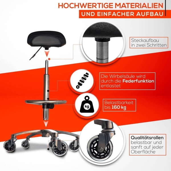 Breitsitz Arbeitshocker auf Gummirollen mit Fußring höhenverstellbar - Rollhocker, Praxishocker, Bürohocker