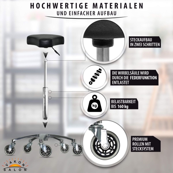 Schwarzer Rollhocker mit ergonomischen Sitz, höhenverstellbar von 50 - 65 cm