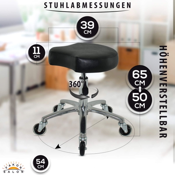 Schwarzer Rollhocker mit ergonomischen Sitz, höhenverstellbar von 50 - 65 cm
