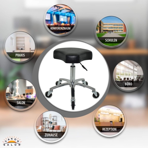 Schwarzer Rollhocker mit ergonomischen Sitz, höhenverstellbar von 50 - 65 cm