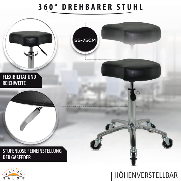 Schwarzer Rollhocker mit ergonomischen Sitz, höhenverstellbar von 55 - 75 cm