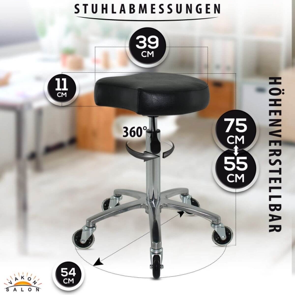 Schwarzer Rollhocker mit ergonomischen Sitz, höhenverstellbar von 55 - 75 cm