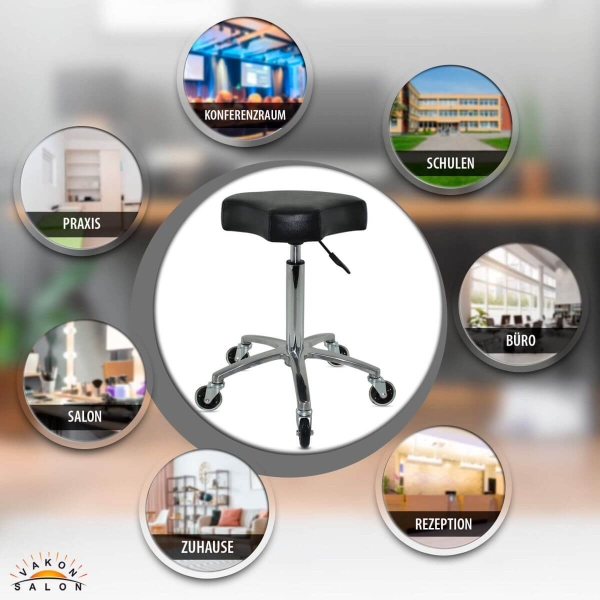 Schwarzer Rollhocker mit ergonomischen Sitz, höhenverstellbar von 55 - 75 cm