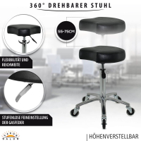Schwarzer Rollhocker mit ergonomischen Sitz, höhenverstellbar von 55 - 75 cm