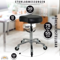 Schwarzer Rollhocker mit ergonomischen Sitz, höhenverstellbar von 55 - 75 cm