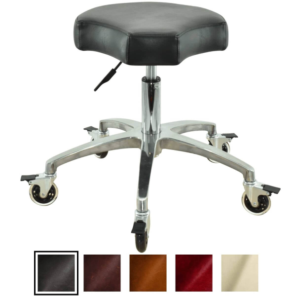 Schwarzer Rollhocker mit ergonomischen Sitz und Bremsen, höhenverstellbar von 50 - 65 cm