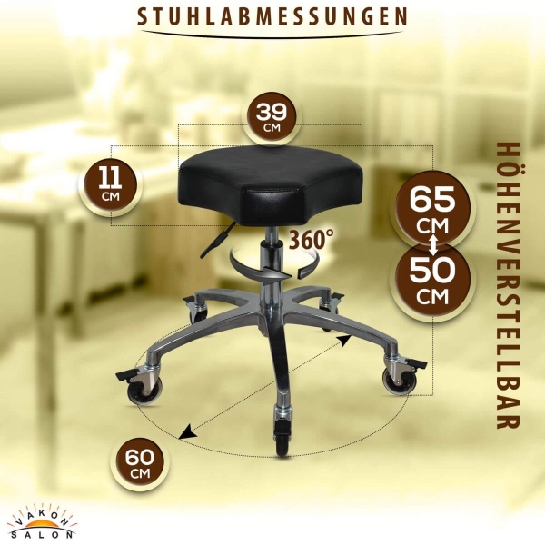 Schwarzer Rollhocker mit ergonomischen Sitz und Bremsen, höhenverstellbar von 50 - 65 cm