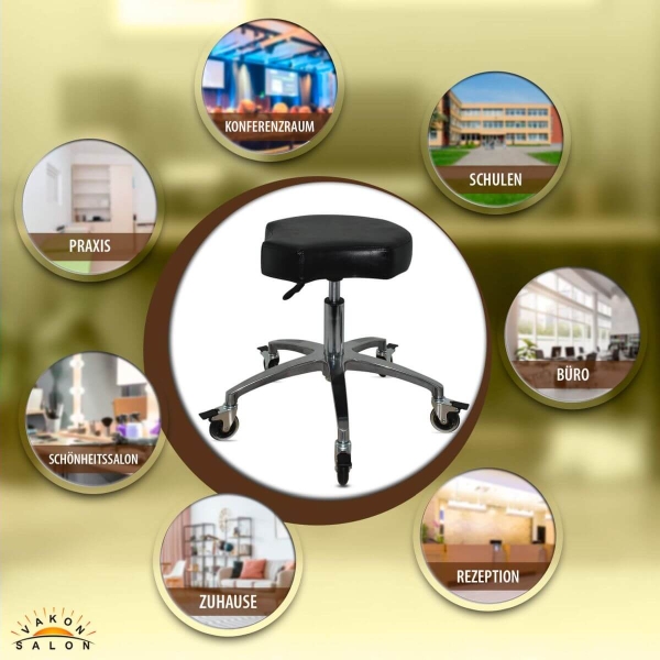 Schwarzer Rollhocker mit ergonomischen Sitz und Bremsen, höhenverstellbar von 50 - 65 cm