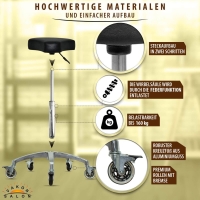 Schwarzer Rollhocker mit ergonomischen Sitz und Bremsen, höhenverstellbar von 50 - 65 cm