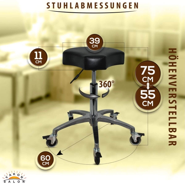 Schwarzer Rollhocker mit ergonomischen Sitz und Bremsen, höhenverstellbar von 55 - 75 cm