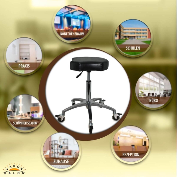 Schwarzer Rollhocker mit ergonomischen Sitz und Bremsen, höhenverstellbar von 55 - 75 cm