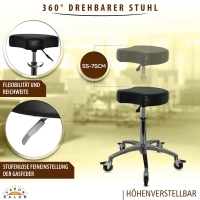 Schwarzer Rollhocker mit ergonomischen Sitz und Bremsen, höhenverstellbar von 55 - 75 cm