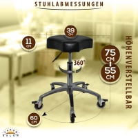 Schwarzer Rollhocker mit ergonomischen Sitz und Bremsen, höhenverstellbar von 55 - 75 cm