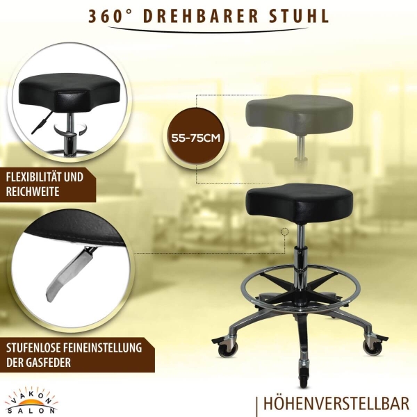 Schwarzer Rollhocker mit ergonomischen Sitz und Bremsen, höhenverstellbar von 55 - 75 cm mit Fußring