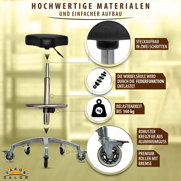 Schwarzer Rollhocker mit ergonomischen Sitz und Bremsen, höhenverstellbar von 55 - 75 cm mit Fußring