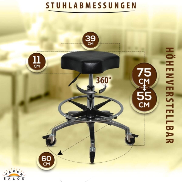 Schwarzer Rollhocker mit ergonomischen Sitz und Bremsen, höhenverstellbar von 55 - 75 cm mit Fußring