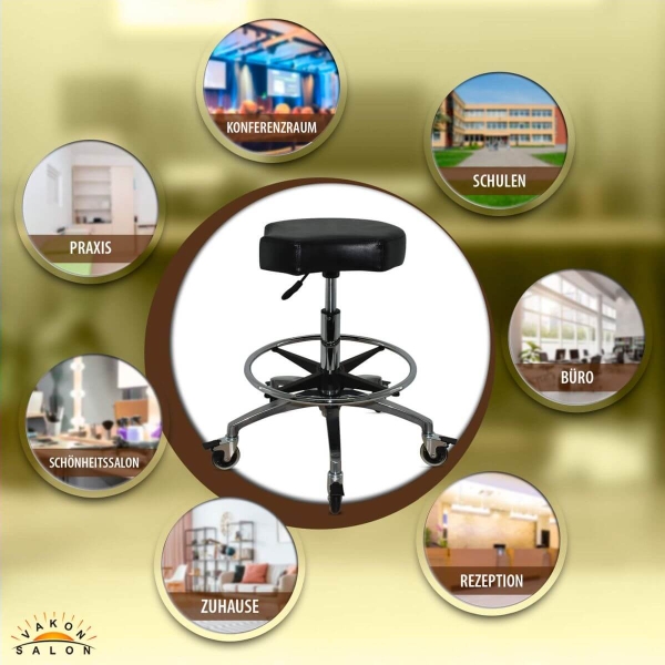 Schwarzer Rollhocker mit ergonomischen Sitz und Bremsen, höhenverstellbar von 55 - 75 cm mit Fußring
