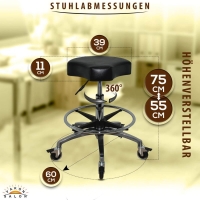 Schwarzer Rollhocker mit ergonomischen Sitz und Bremsen, höhenverstellbar von 55 - 75 cm mit Fußring