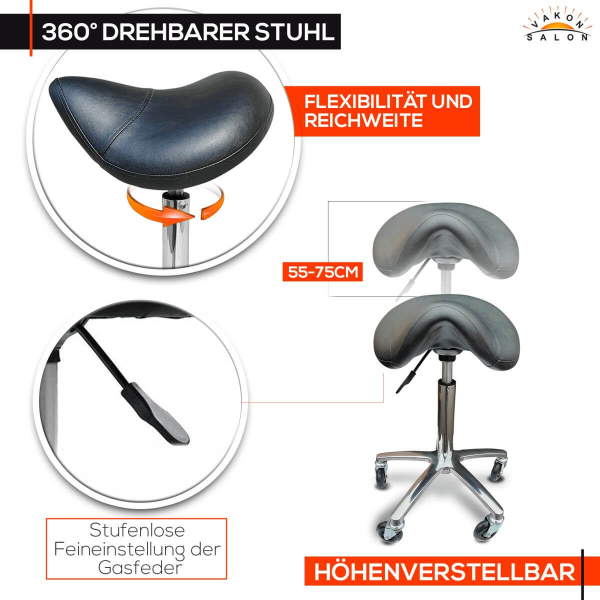 Ergonomischer Sattelsitz mit verstellbarer Sitzhöhe mit Gummirollen - Drehhocker, Rollhocker, Arbeitshocker
