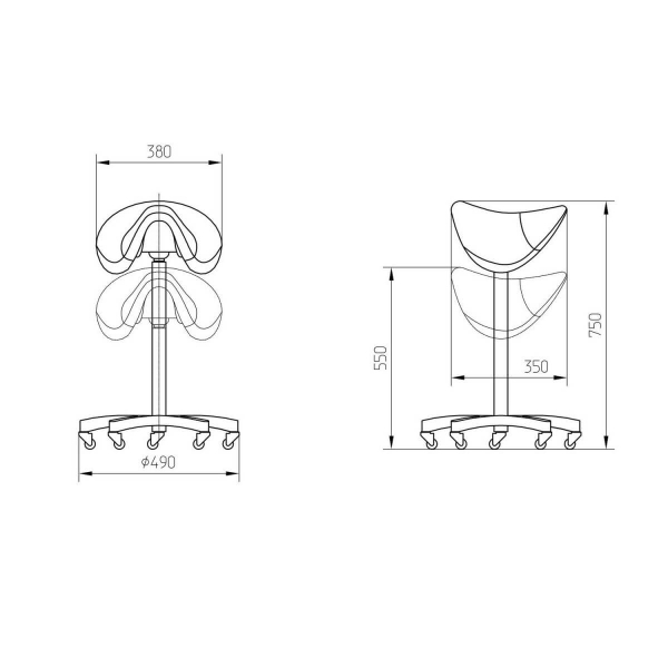 Ergonomischer Sattelsitz mit verstellbarer Sitzhöhe mit Gummirollen - Drehhocker, Rollhocker, Arbeitshocker