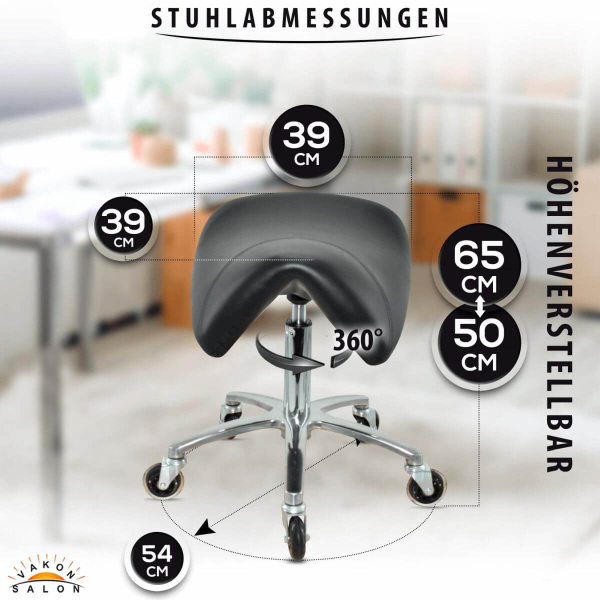 Premium Sattelhocker, Sattelstuhl für Rückenentlastung, Rollhocker höhenverstellbar von 50 - 65 cm Drehhocker, Praxishocker, Bürohocker