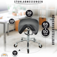 Premium Sattelhocker, Sattelstuhl für Rückenentlastung, Rollhocker höhenverstellbar von 50 - 65 cm Drehhocker, Praxishocker, Bürohocker