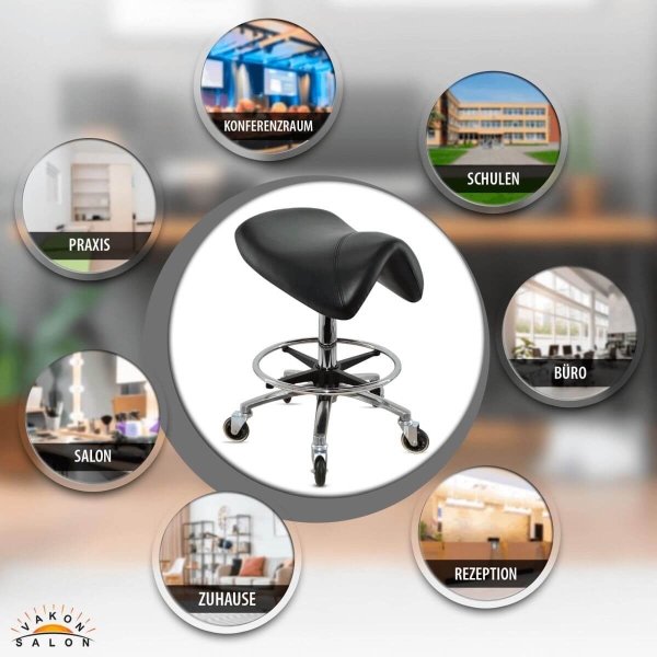 Premium Sattelhocker, Sattelstuhl für Rückenentlastung, Rollhocker höhenverstellbar von 55 - 75 cm mit Fußring, Drehhocker, Arbeitshocker