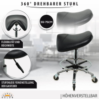 Premium Sattelhocker, Sattelstuhl für Rückenentlastung, Rollhocker höhenverstellbar von 55 - 75 cm mit Fußring, Drehhocker, Arbeitshocker