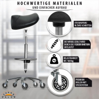 Premium Sattelhocker, Sattelstuhl für Rückenentlastung, Rollhocker höhenverstellbar von 55 - 75 cm mit Fußring, Drehhocker, Arbeitshocker