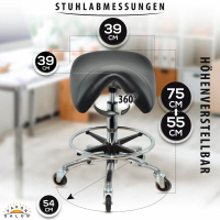 Premium Sattelhocker, Sattelstuhl für Rückenentlastung, Rollhocker höhenverstellbar von 55 - 75 cm mit Fußring, Drehhocker, Arbeitshocker