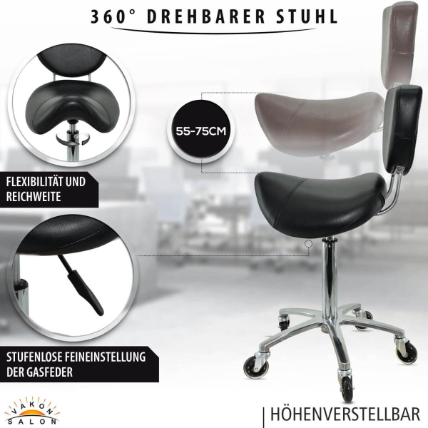 Sattelhocker mit Lehne, Sattelstuhl für Rückenentlastung, Rollhocker höhenverstellbar von 55 - 75 cm Drehhocker, Praxishocker, Arbeitshocker
