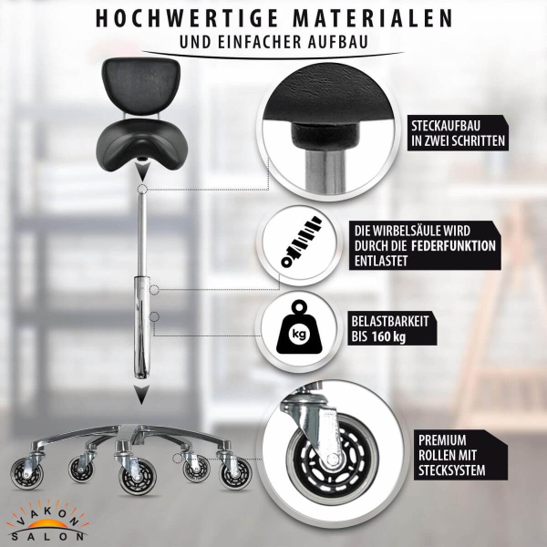 Sattelhocker mit Lehne, Sattelstuhl für Rückenentlastung, Rollhocker höhenverstellbar von 55 - 75 cm Drehhocker, Praxishocker, Arbeitshocker