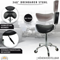 Sattelhocker mit Lehne, Sattelstuhl für Rückenentlastung, Rollhocker höhenverstellbar von 55 - 75 cm Drehhocker, Praxishocker, Arbeitshocker