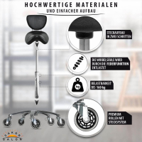 Sattelhocker mit Lehne, Sattelstuhl für Rückenentlastung, Rollhocker höhenverstellbar von 55 - 75 cm Drehhocker, Praxishocker, Arbeitshocker