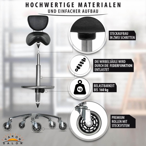 Sattelhocker mit Lehne, Sattelstuhl für Rückenentlastung, Rollhocker höhenverstellbar von 55 - 75 cm mit Fußring, Drehhocker, Arbeitshocker