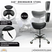 Sattelhocker mit Lehne, Sattelstuhl für Rückenentlastung, Rollhocker höhenverstellbar von 55 - 75 cm mit Fußring, Drehhocker, Arbeitshocker