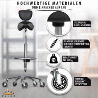 Sattelhocker mit Lehne, Sattelstuhl für Rückenentlastung, Rollhocker höhenverstellbar von 55 - 75 cm mit Fußring, Drehhocker, Arbeitshocker