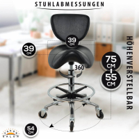 Sattelhocker mit Lehne, Sattelstuhl für Rückenentlastung, Rollhocker höhenverstellbar von 55 - 75 cm mit Fußring, Drehhocker, Arbeitshocker