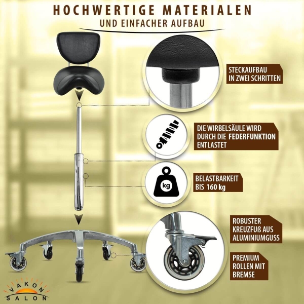 Sattelhocker mit Bremse und Lehne, Sattelstuhl für Rückenentlastung, Rollhocker höhenverstellbar von 50 - 65 cm, Praxishocker, Bürohocker