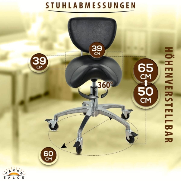 Sattelhocker mit Bremse und Lehne, Sattelstuhl für Rückenentlastung, Rollhocker höhenverstellbar von 50 - 65 cm, Praxishocker, Bürohocker
