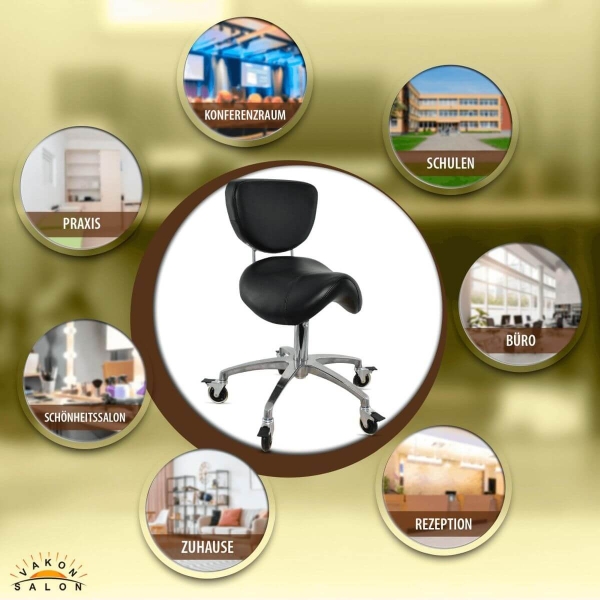 Sattelhocker mit Bremse und Lehne, Sattelstuhl für Rückenentlastung, Rollhocker höhenverstellbar von 50 - 65 cm, Praxishocker, Bürohocker