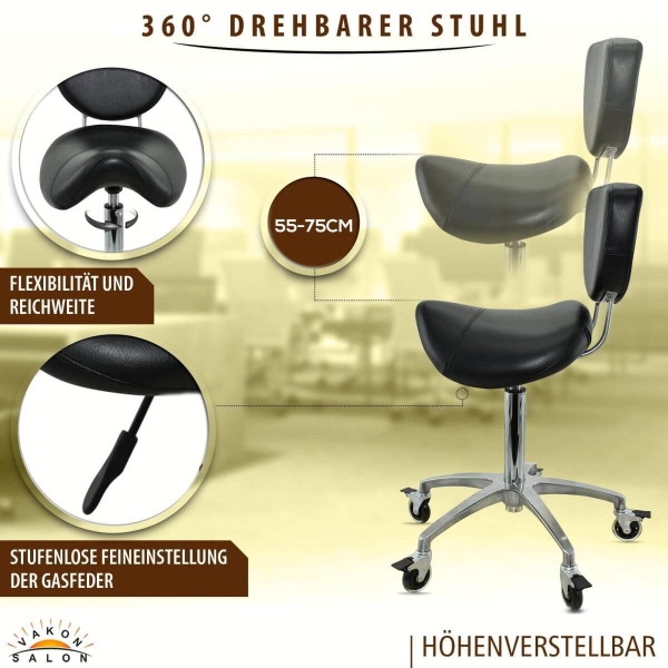 Sattelhocker mit Bremse und Lehne, Sattelstuhl für Rückenentlastung, Rollhocker höhenverstellbar von 55 - 75 cm, Praxishocker, Arbeitshocker