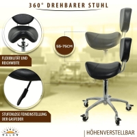 Sattelhocker mit Bremse und Lehne, Sattelstuhl für Rückenentlastung, Rollhocker höhenverstellbar von 55 - 75 cm, Praxishocker, Arbeitshocker