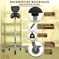 Sattelhocker mit Bremse und Lehne, Sattelstuhl für Rückenentlastung, Rollhocker höhenverstellbar von 55 - 75 cm, Praxishocker, Arbeitshocker