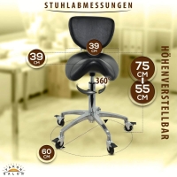 Sattelhocker mit Bremse und Lehne, Sattelstuhl für Rückenentlastung, Rollhocker höhenverstellbar von 55 - 75 cm, Praxishocker, Arbeitshocker